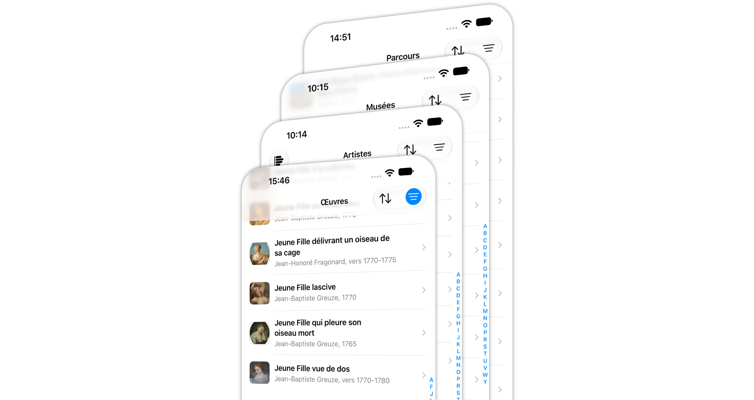 Four overlapping CuraMuse iPhone screens showing lists of journeys, museums, artists, and artworks.