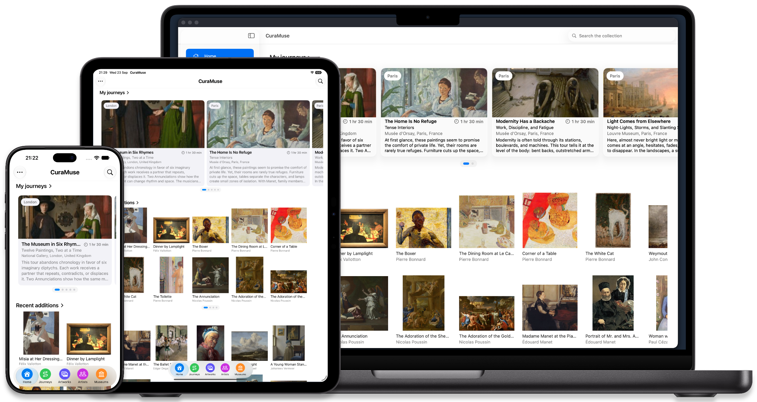 The same CuraMuse collection displayed on iPhone, iPad, and Mac.