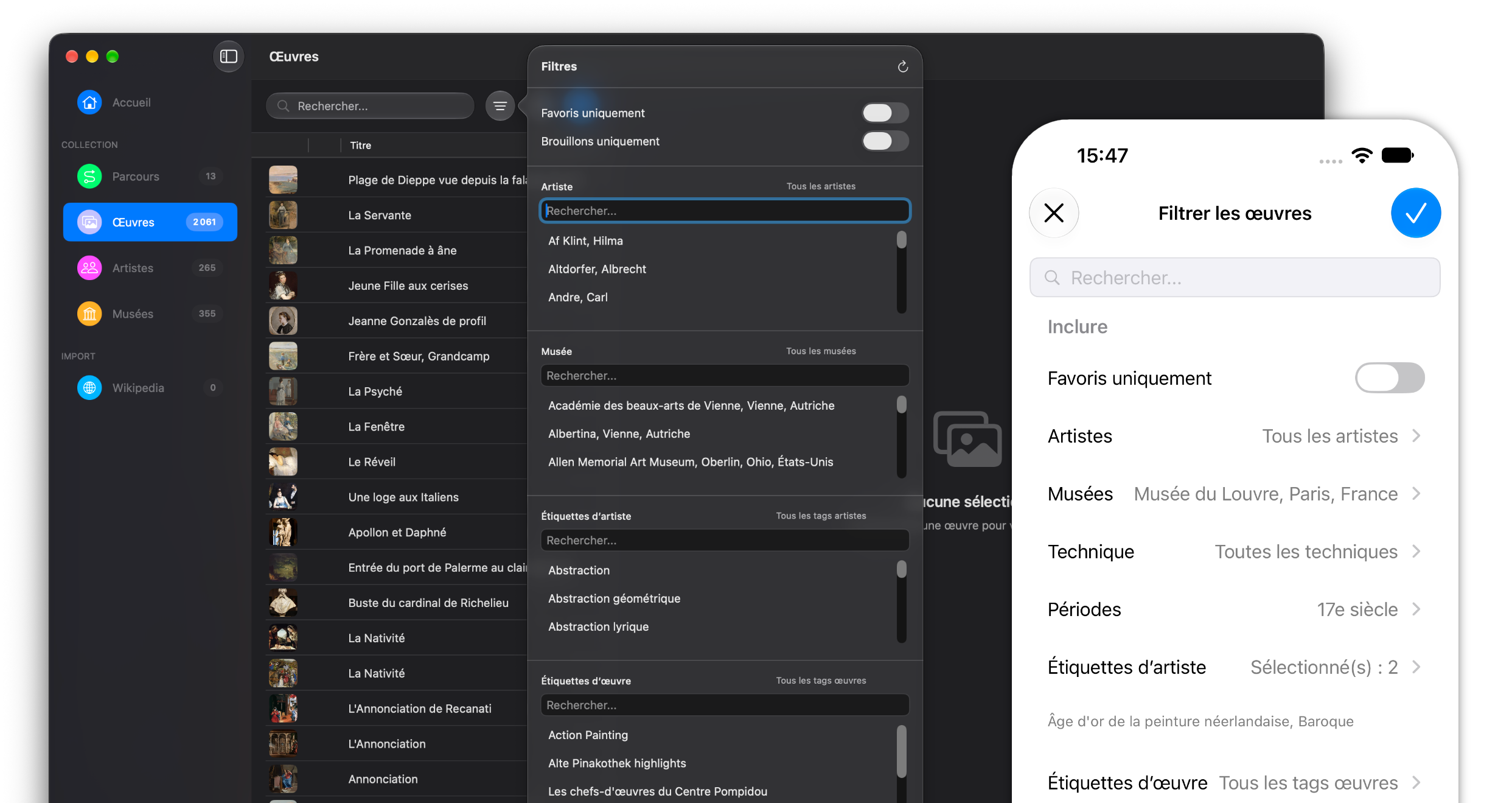 CuraMuse on Mac and iPhone showing artwork lists and search filters.