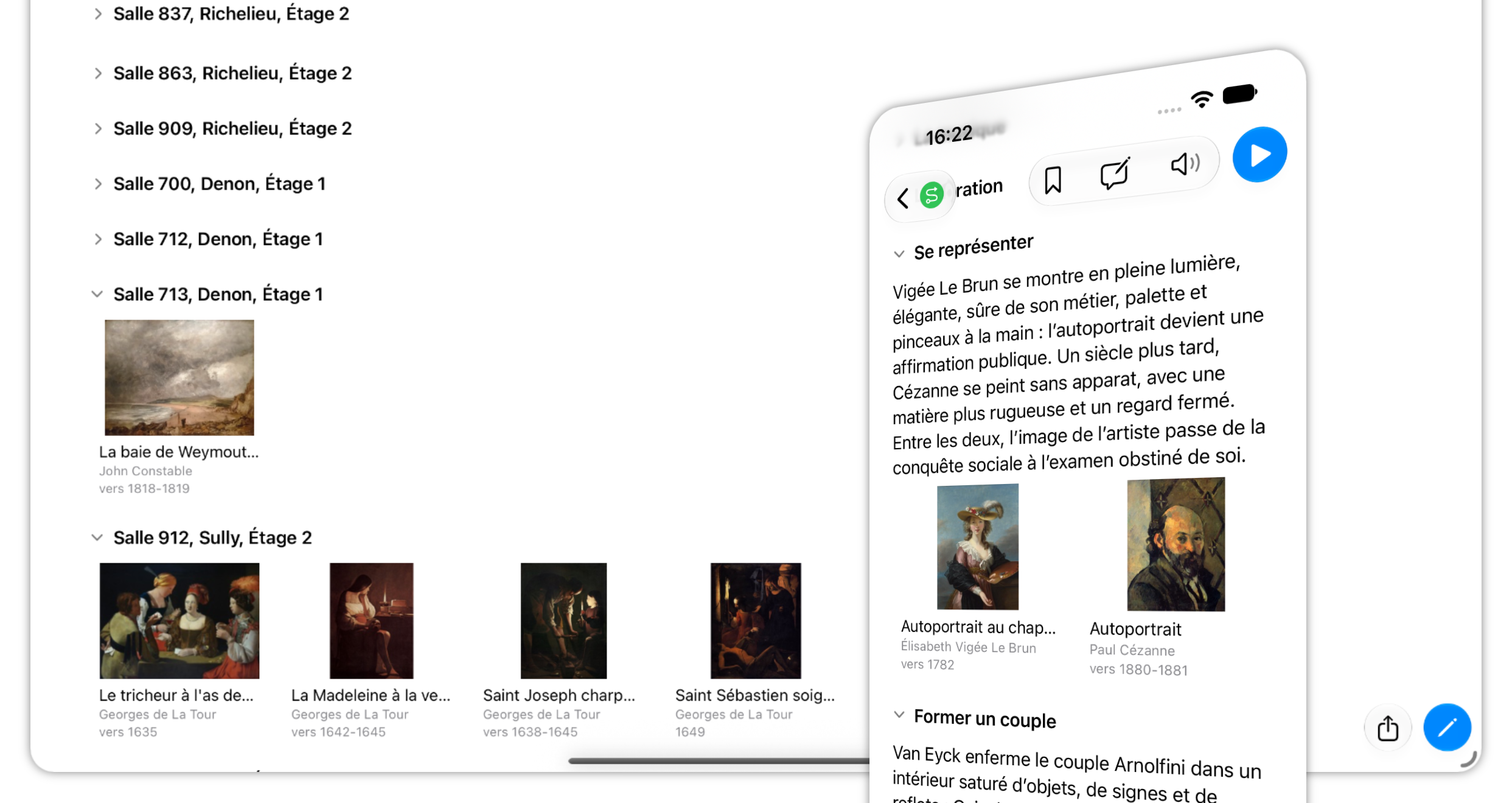 Two CuraMuse journey views: artworks grouped by museum room on iPad and by theme on iPhone.