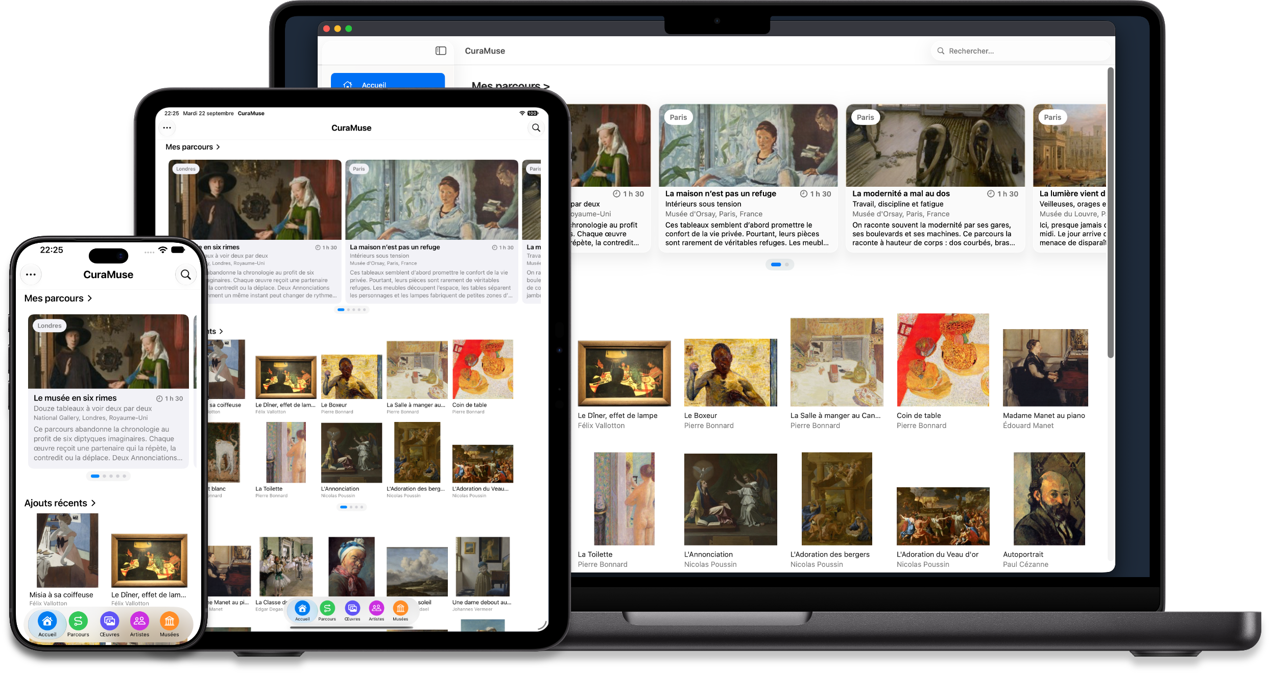 La même collection CuraMuse présentée sur iPhone, iPad et Mac.